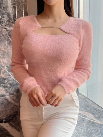DAZY Cut Out Front Fluffy Knit Sweater,Long Sleeve Tops