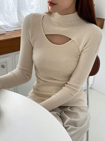DAZY Cut Out Mock Neck Ribbed Knit Sweater,Long Sleeve Tops