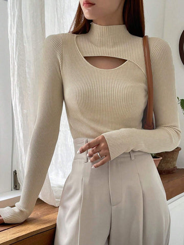 DAZY Cut Out Mock Neck Ribbed Knit Sweater,Long Sleeve Tops