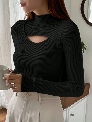 DAZY Cut Out Mock Neck Ribbed Knit Sweater,Long Sleeve Tops