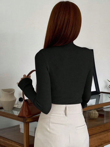 DAZY Cut Out Mock Neck Ribbed Knit Sweater,Long Sleeve Tops