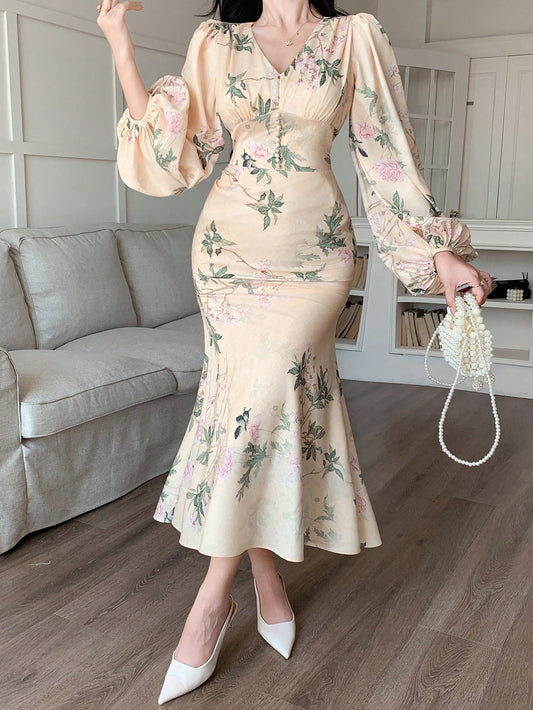 DAZY Elegant Ditsy Floral V-Neck Lantern Sleeve Fishtail Midi Dress