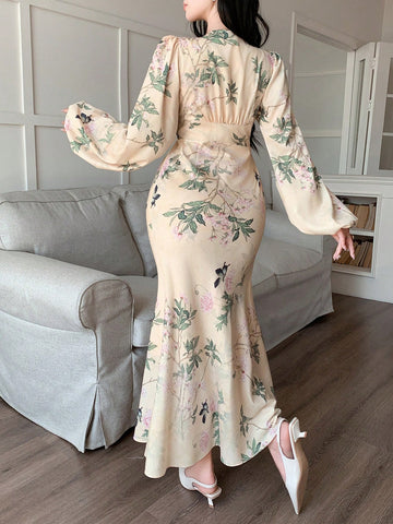 DAZY Elegant Ditsy Floral V-Neck Lantern Sleeve Fishtail Midi Dress