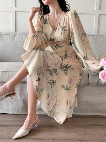 DAZY Elegant Ditsy Floral V-Neck Lantern Sleeve Fishtail Midi Dress