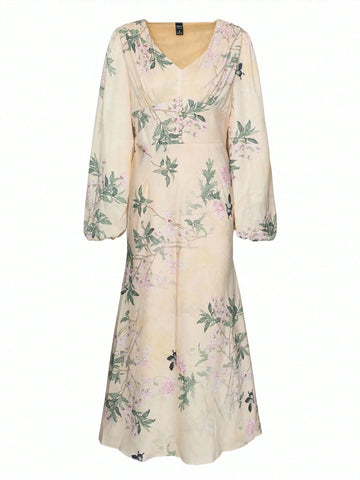 DAZY Elegant Ditsy Floral V-Neck Lantern Sleeve Fishtail Midi Dress