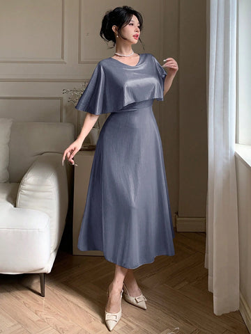 DAZY Elegant Solid Color V-Neck Mid-Length Dress