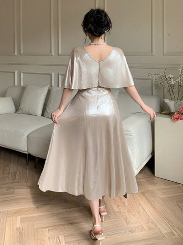 DAZY Elegant Solid Color V-Neck Mid-Length Dress