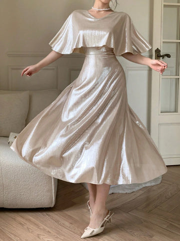 DAZY Elegant Solid Color V-Neck Mid-Length Dress