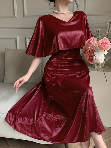 DAZY Elegant Solid Color V-Neck Mid-Length Dress