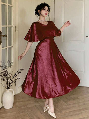 DAZY Elegant Solid Color V-Neck Mid-Length Dress