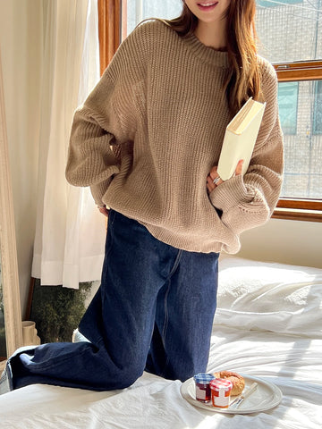 Women's Casual Solid Color Loose Fit Round Neck Sweater