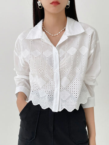 Women Fashionable Solid Color Mesh Hollow Out Long Sleeve Shirt