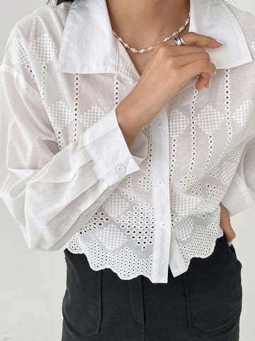 Women Fashionable Solid Color Mesh Hollow Out Long Sleeve Shirt