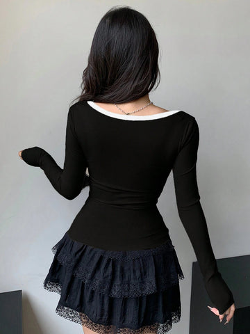 DAZY New Colorblock Tied Bow Decor Slim Fit Women T-Shirt