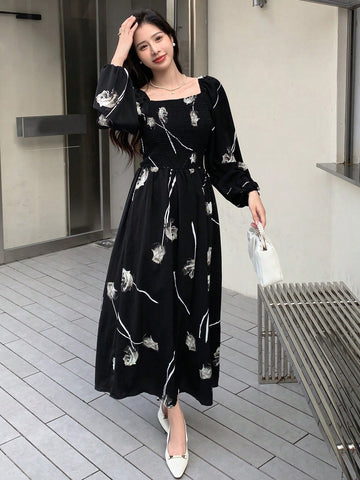 DAZY Floral Print Square Neck Dress