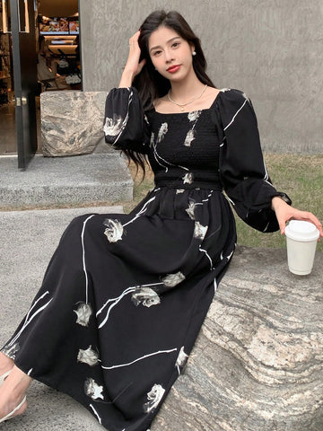 DAZY Floral Print Square Neck Dress