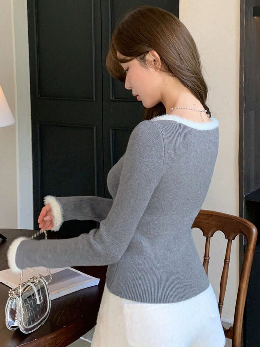 DAZY Fluffy Colorblock Embroidered Bow Detail Women Pullover Sweater