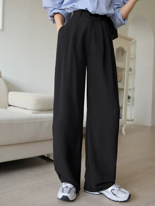 DAZY Plain Casual Solid Color Pleated Straight-Leg Dress Pants