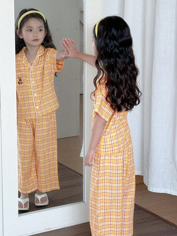 Dazy Kids Young Girl Plaid Short Sleeve Pants Home Wear Set