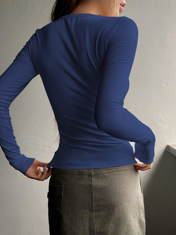 DAZY Solid Half Button Ribbed Knit Tee