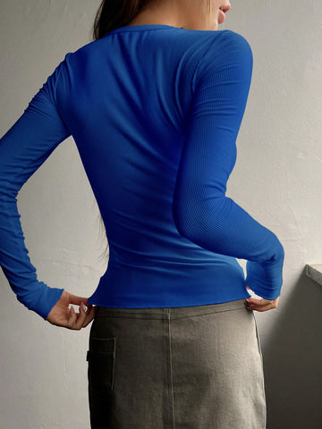 DAZY Solid Half Button Ribbed Knit Tee