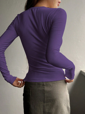 DAZY Solid Half Button Ribbed Knit Tee