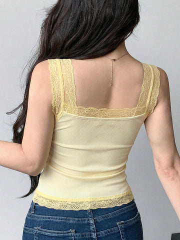 Lace Trim Lace-Up Fitted Sleeveless Tank Top