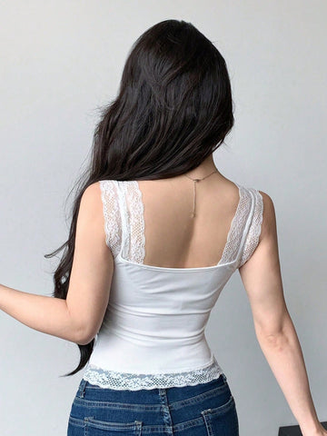 Lace Trim Lace-Up Fitted Sleeveless Tank Top