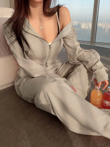 Women Casual Zipper Front Jacket And Wide Leg Pants Set