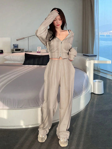 Women Casual Zipper Front Jacket And Wide Leg Pants Set