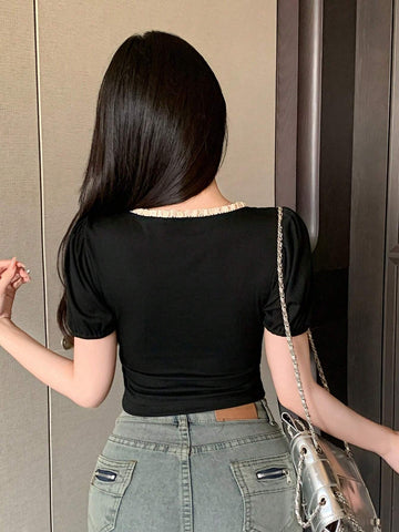 DAZY Ladies' Lace Contrast Tie Front Design T-Shirt