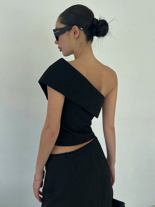 DAZY Ladies' Summer Casual Oblique Shoulder Solid Color T-Shirt