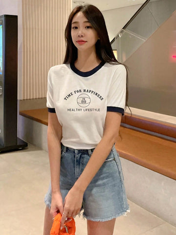 DAZY Women's Colorblock Letter Printed T-Shirt