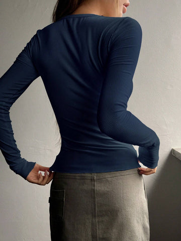 DAZY Solid Half Button Ribbed Knit Tee