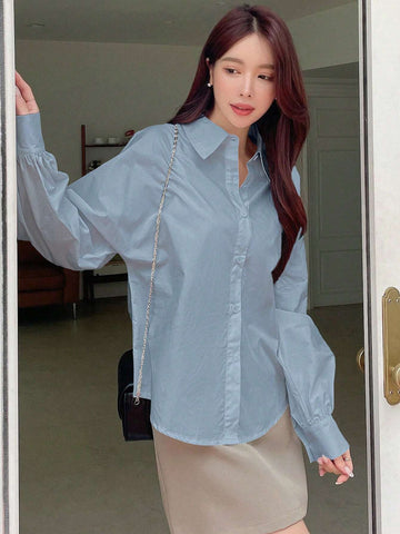 DAZY Women's Business Casual Plain Long Sleeve Shirt