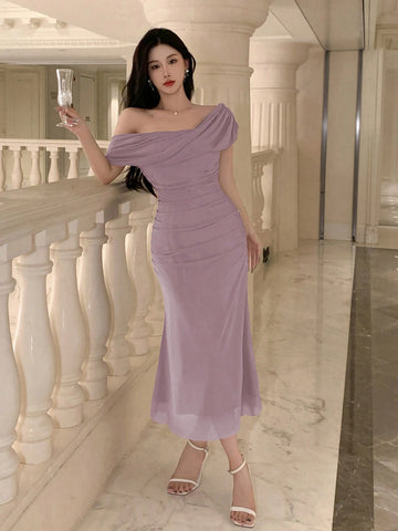 DAZY Women's Solid Color Asymmetric Shoulder Short Sleeve Elegant Midi Dress