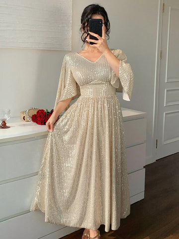 DAZY Mid-Length V-Neck Ruffle Sleeve Sequin Dress