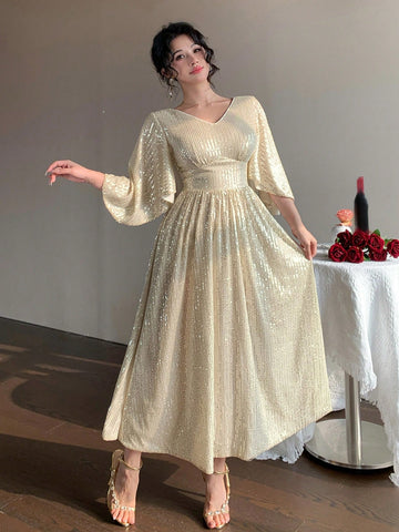 DAZY Mid-Length V-Neck Ruffle Sleeve Sequin Dress