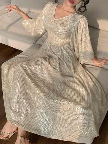 DAZY Mid-Length V-Neck Ruffle Sleeve Sequin Dress