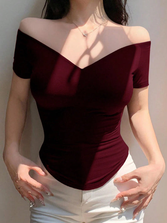 DAZY Off-Shoulder Sexy Fitted Solid Color Short Sleeve Women T-Shirt