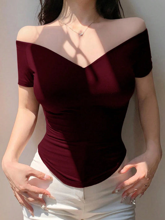 DAZY Off-Shoulder Sexy Fitted Solid Color Short Sleeve Women T-Shirt