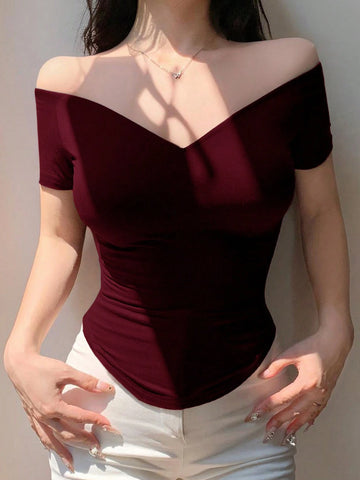 DAZY Off-Shoulder Sexy Fitted Solid Color Short Sleeve Women T-Shirt