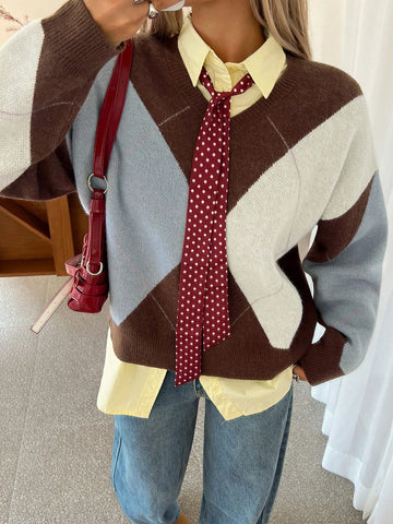 DAZY Plaid Loose Long Sleeve Crew Neck Women Sweater