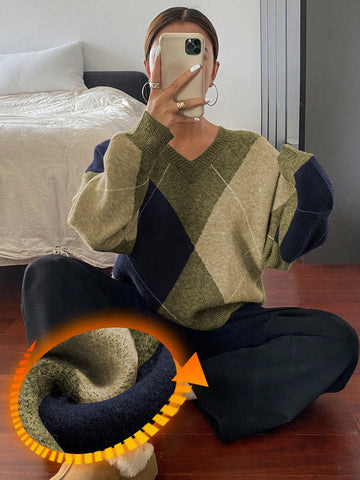 DAZY Plaid Loose Long Sleeve Crew Neck Women Sweater