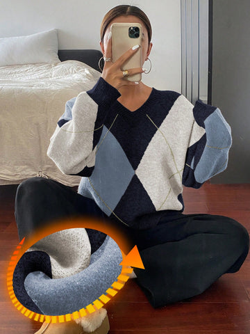 DAZY Plaid Loose Long Sleeve Crew Neck Women Sweater