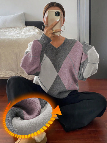 DAZY Plaid Loose Long Sleeve Crew Neck Women Sweater