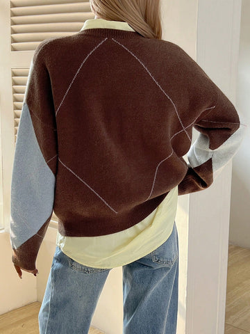 DAZY Plaid Loose Long Sleeve Crew Neck Women Sweater