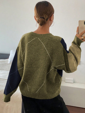 DAZY Plaid Loose Long Sleeve Crew Neck Women Sweater