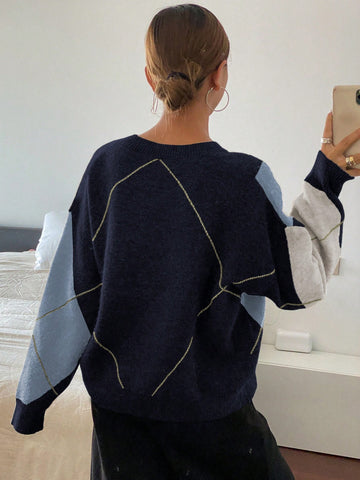 DAZY Plaid Loose Long Sleeve Crew Neck Women Sweater