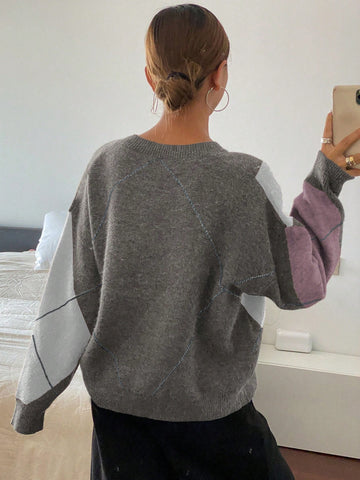 DAZY Plaid Loose Long Sleeve Crew Neck Women Sweater